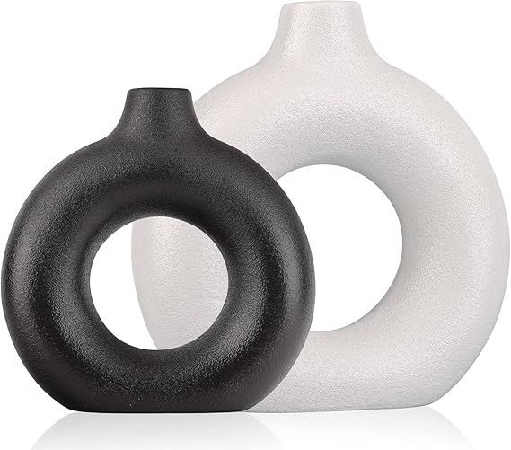 White and Black Vase Set 2 - Modern Boho Decor Ceramic Vase Round Donut Pampas Flower Vases Minim... | Amazon (US)