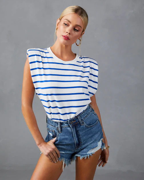 Skipper Cotton Striped Padded Shoulder Muscle Tee - Royal Blue | VICI