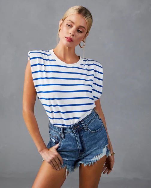 Skipper Cotton Striped Padded Shoulder Muscle Tee - Royal Blue | VICI Collection