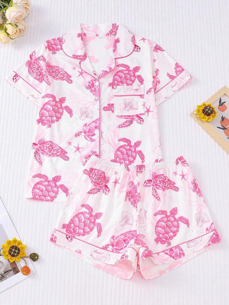 HOREA 2 Pieces Set Women Cute Sea Turtle Print Pajamas, Casual Cardigan Top And Elastic Waist Sho... | SHEIN