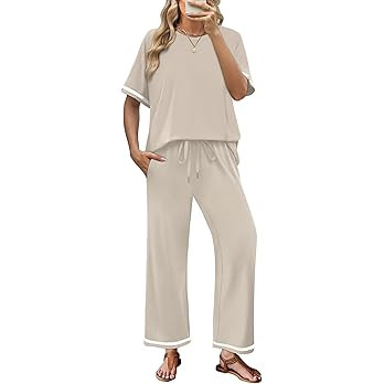 SAMPEEL 2 Piece Sets for Women Casual Summer Travel Vacation Outfits Short Sleeve Lounge Set | Amazon (US)