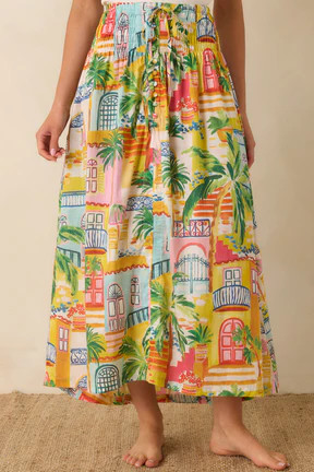 Paradisa Lucia Multi Coastal Village Print Cotton Maxi Skirt | Red Dress