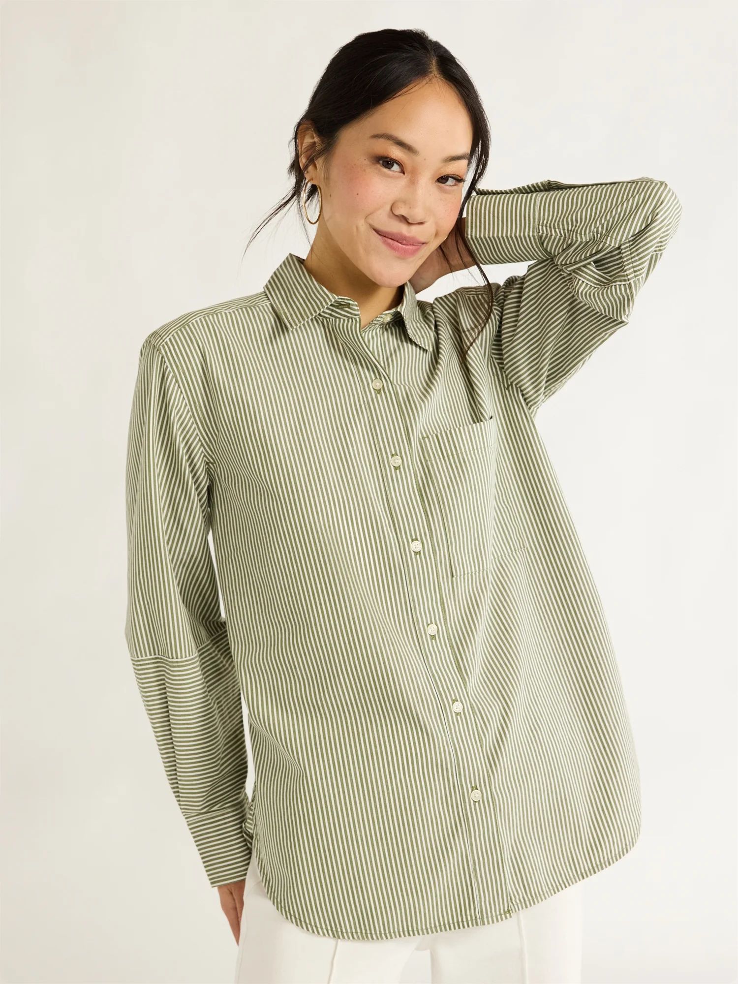 Free Assembly Women’s Button Front Boxy Cotton Tunic Shirt with Long Sleeves, Sizes XS-XXL | Walmart (US)