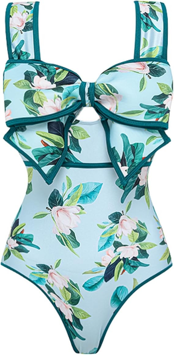 FLAXMAKER Women's One Piece Bow Bathing Suit Decor Mangnolia Print Swimsuit and Skirt | Amazon (US)
