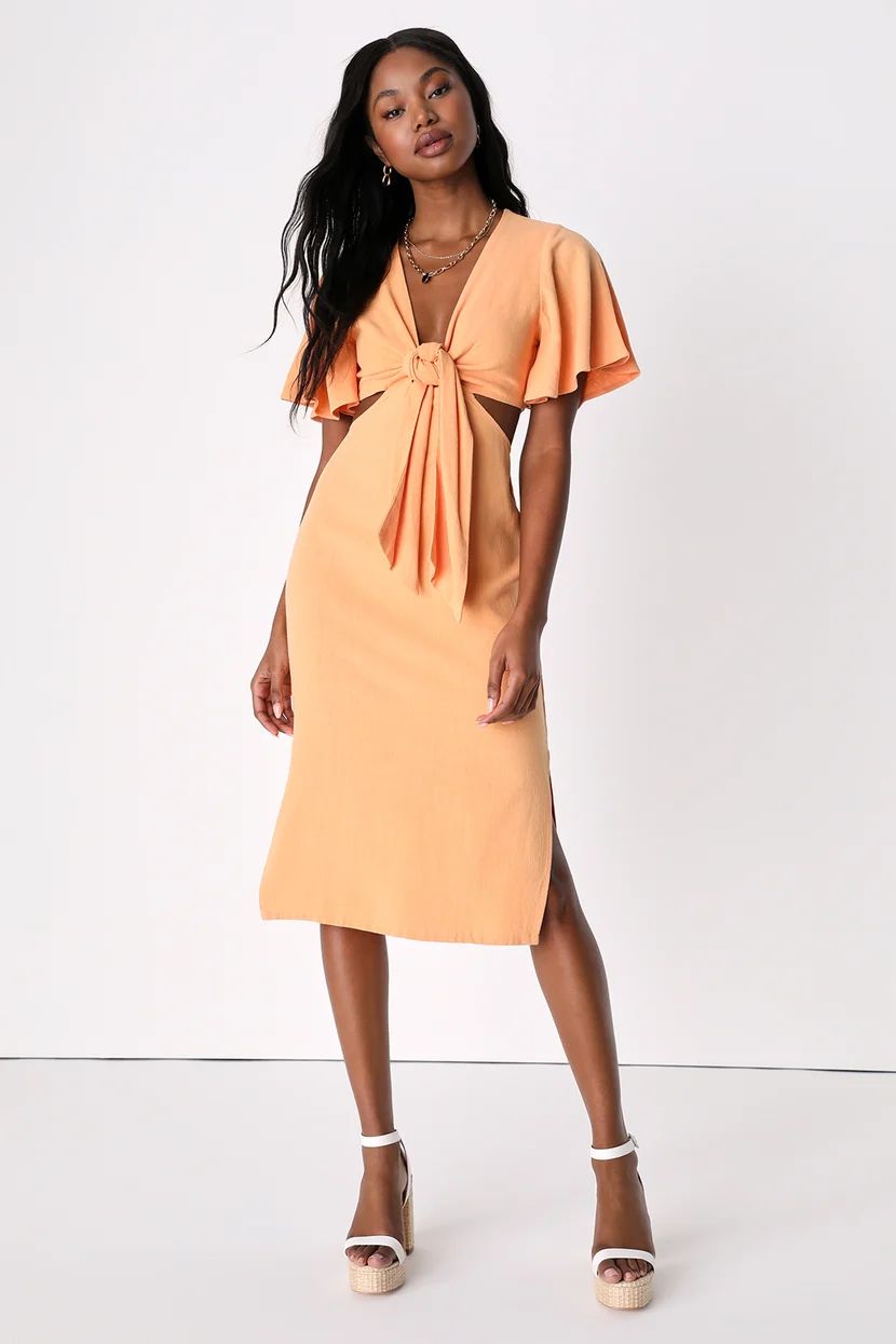 Summer Journey Light Orange Tie-Front Cutout Midi Dress | Lulus (US)