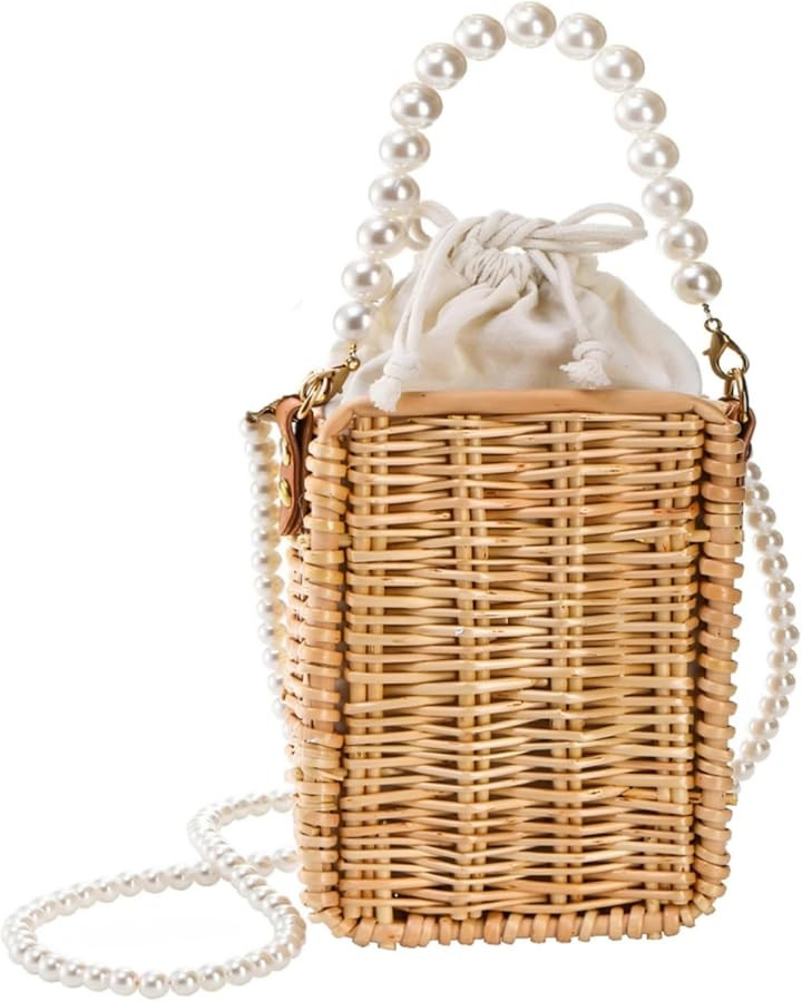 Pearl Basket Purse, Handwoven Rattan Beach Bag For Women, Rectangular Wicker Handbag, Vintage Sum... | Amazon (US)