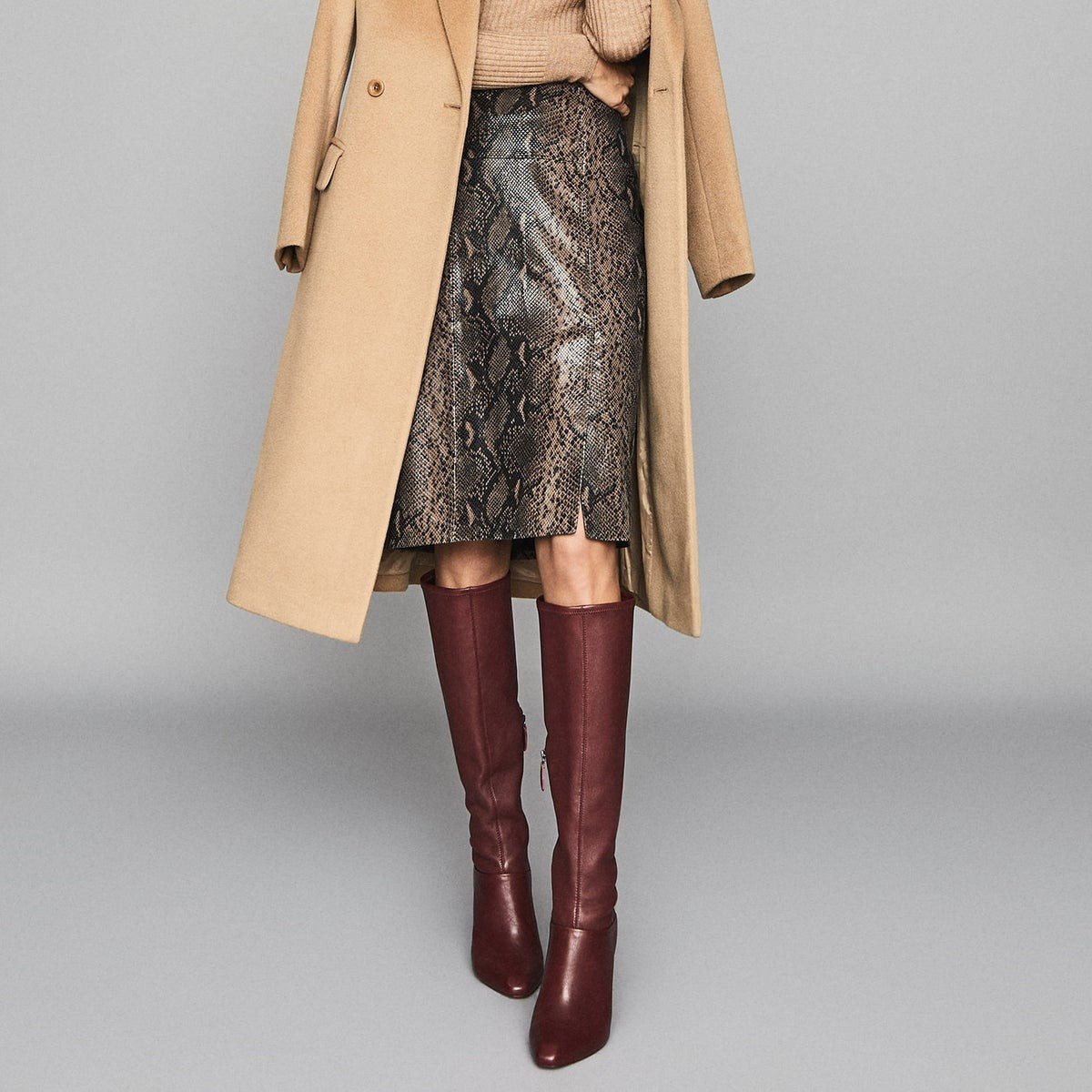 Annie Taupe Snake Printed Leather Midi Skirt – REISS | Reiss (UK)