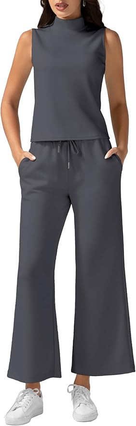 Women's Summer 2 Piece Outfits Mock Neck Tank Top Cropped Wide Leg Pants Lounge Sets 2024 Fashion... | Amazon (US)