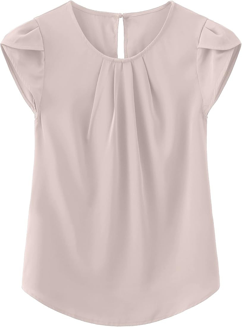 Women's Casual Round Neck Basic Pleated Top Cap Sleeve Curved Keyhole Back Chiffon Blouse | Amazon (US)