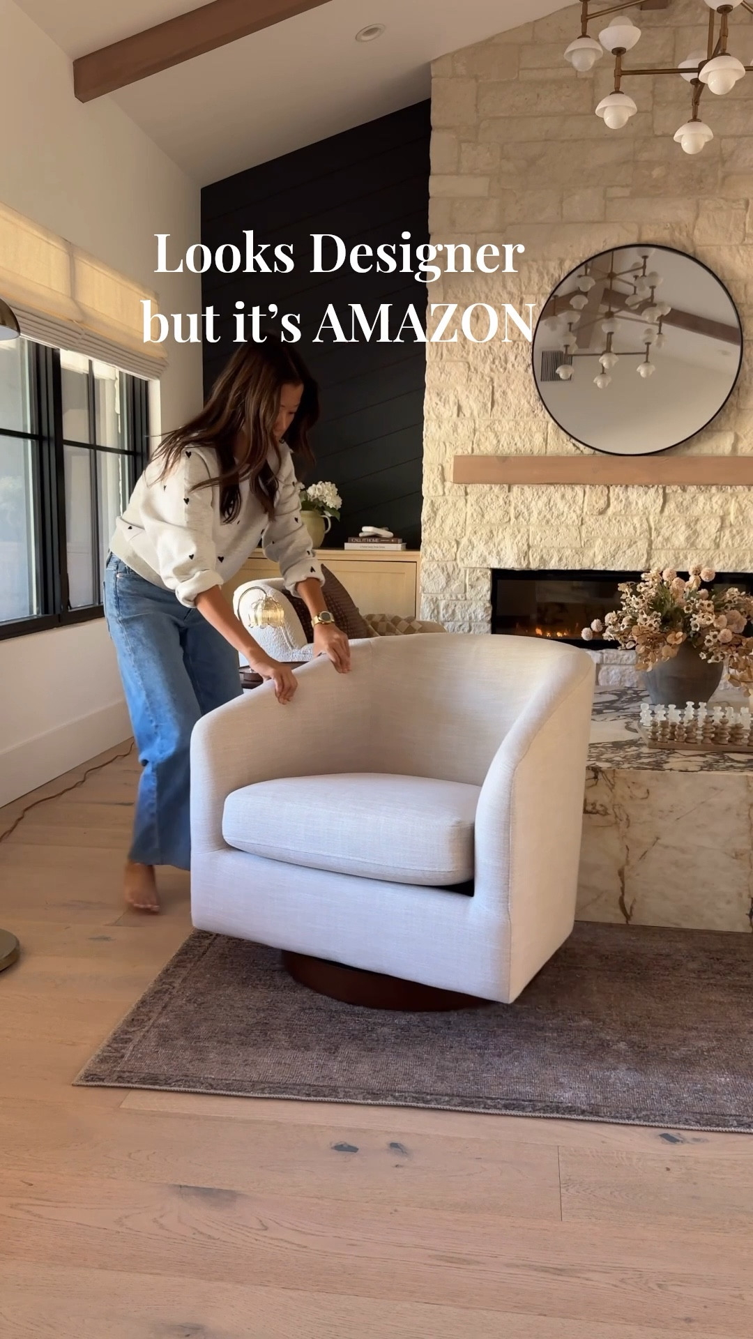 This chair from Amazon exceeded all my expectations! They’ve stepped up their game so much in the past few years and making so many beautiful designs! It’s such a great price point and really high-quality. Love that it’s swivels! It also comes in three different colors. Love how this neutral off-white looks in our space. Would look great in an office too! 

Flowers swivel chair, marble, coffee, table, round black mirror, floor lamp, table, lamp chandelier jeans

#LTKFindsUnder100 #LTKSaleAlert #LTKHome