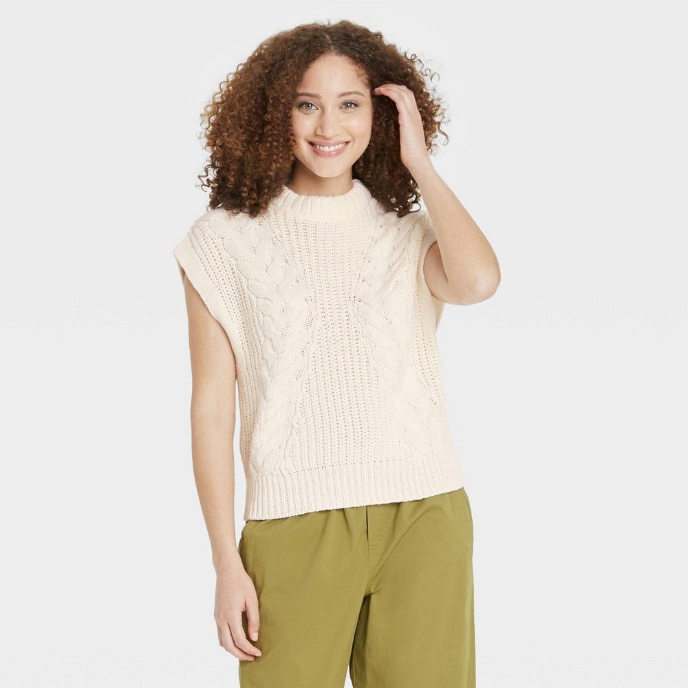 Women's Crewneck Cable Knit Sweater Vest - A New Day Cream XL, Ivory | Target