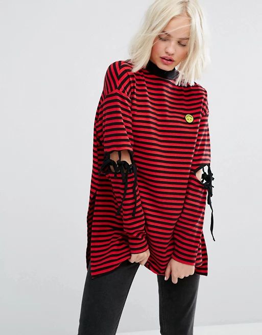 Lazy Oaf Long Sleeve Striped T-Shirt With Tie Up Elbows And Tiny Unhappy Face | ASOS UK