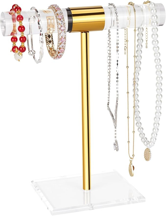Necklace Holder Bracelet Holder, Gold Acrylic Jewelry Display Stand Crystal T Bar Jewelry Organiz... | Amazon (US)