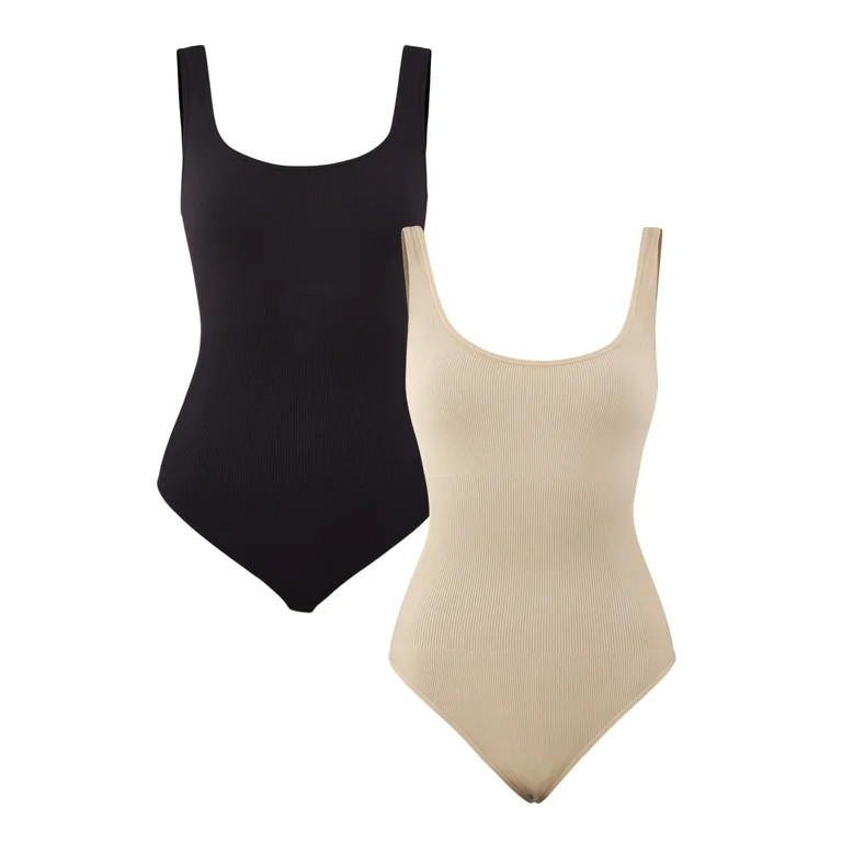 No Boundaries Seamless Ribbed Square Neck Bodysuit 2-pack, Sizes XS-3XL | Walmart (US)
