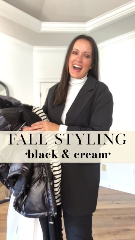 Fall styling ~ cream and black.

Sizing:
Look 1:
Blouse-Target, wearing small
Trousers-Target, wearing 4

Look 2:
Overcoat-so good! Heavy.  Wearing small

Look 3:
Sweater-sized up to a large for length
Leggings-Spanx, size up

Look 4:
Crew neck-H&M, sized up to large but could have done sm/med
Trousers-Target, run TTS

Look 5: 
Puffer-H&M, wearing med, could have done d small
Striped top-Zara
Sweats-Alo, wearing small 

Look 6:
Blazer-Target, small (oversized)
Turtleneck-Old Target, linked similar 
Jeans-H&M
Heels-TTS

Workwear | fall outfit | 



#LTKworkwear #LTKunder50 #LTKstyletip