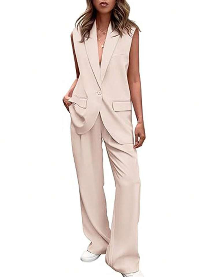 Summer Casual Solid Color Sleeveless Vest And Long Pants Suit | SHEIN