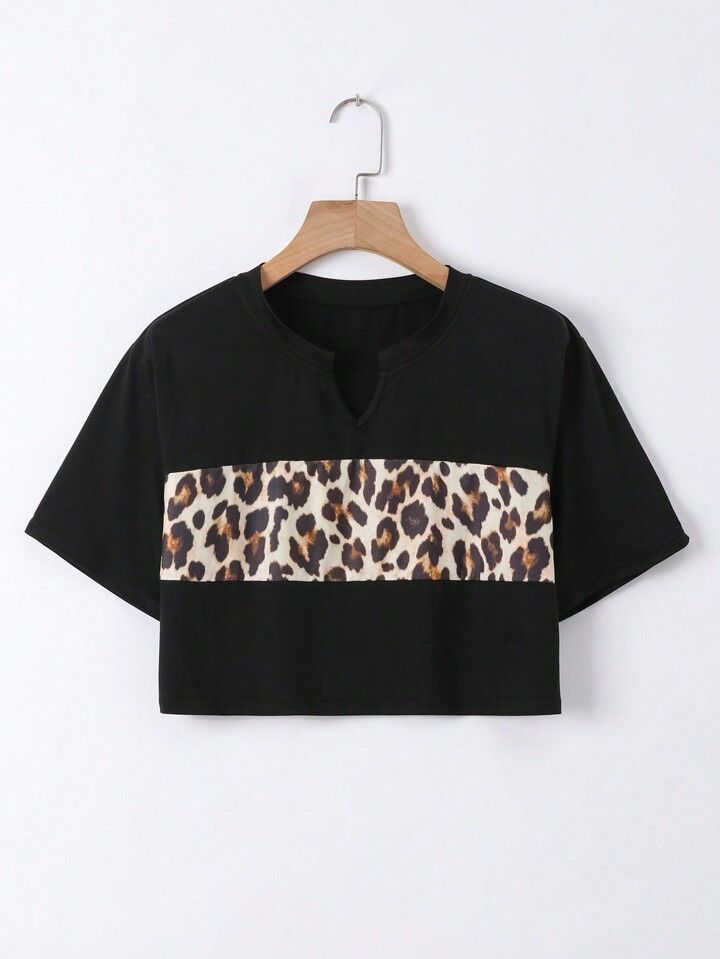 SHEIN LUNE Women's Leopard Pattern Notch Neck Top | SHEIN