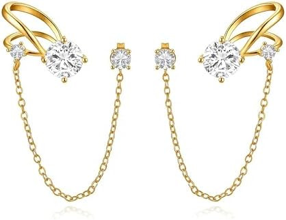 Sonateomber Rhinestone Dangle Ear Cuff Earrings for Women, Trendy Dainty Cubic Zirconia Stud Long... | Amazon (US)