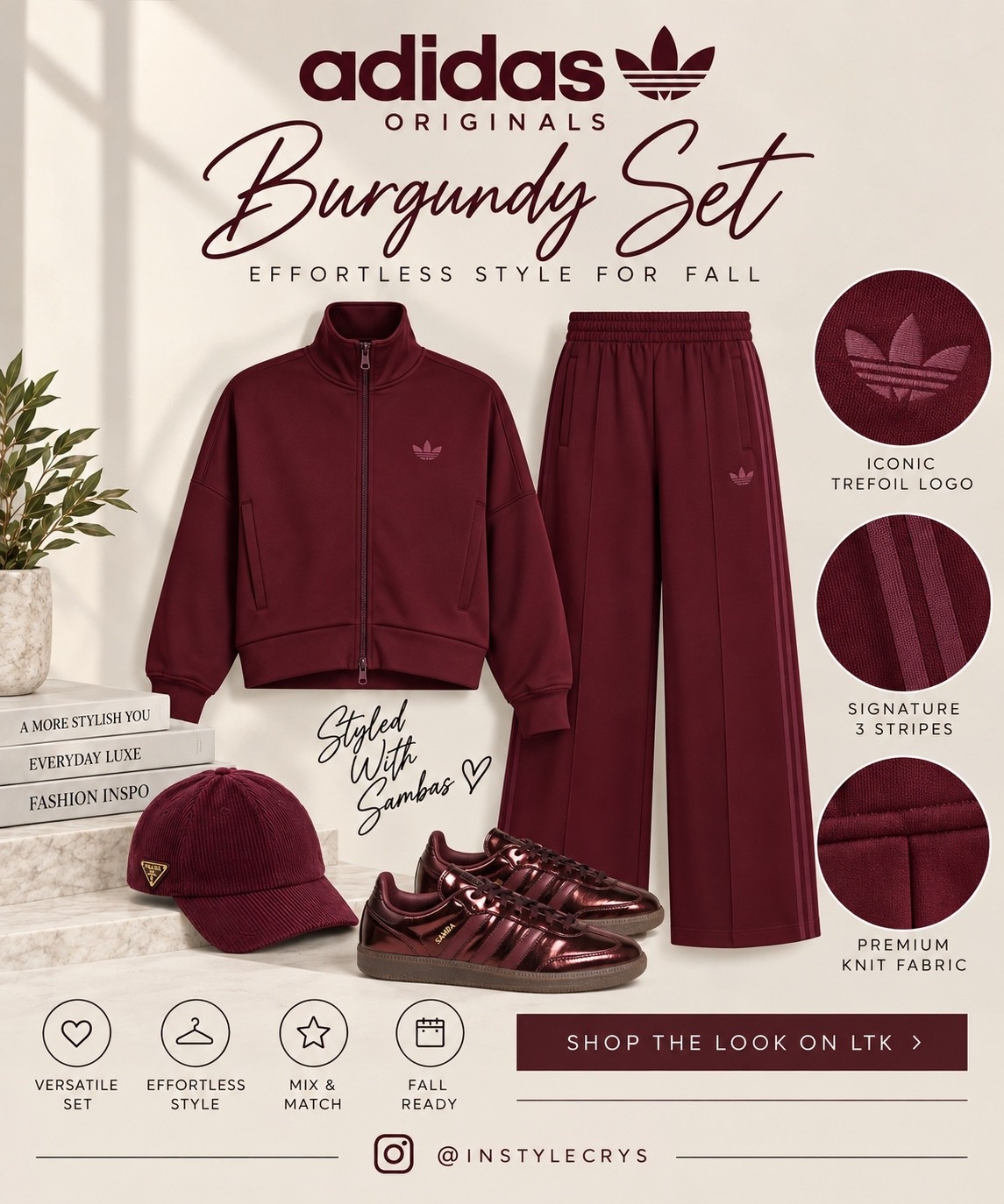 Burgundy is having a moment 🤎🍷 This adidas Originals set is the perfect mix of sporty + chic for fall. Styled with matching metallic Sambas and a burgundy corduroy cap for an effortless monochromatic look. 🍂✨

#ltkstyle #styleinspo #outfitinspo

#LTKootd #LTKSaleAlert