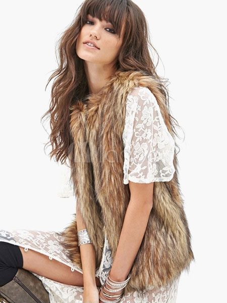 Faux Fur Vest Women Camel Coat Sleeveless Faux Fur Jacket | Milanoo