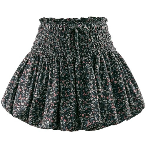 Women's Floral Short Skirt Cute Bubble Skirts Summer Skorts Casual Mini Skirt Beach Skort with Shorts Underneath Floral Black M | Amazon (US)