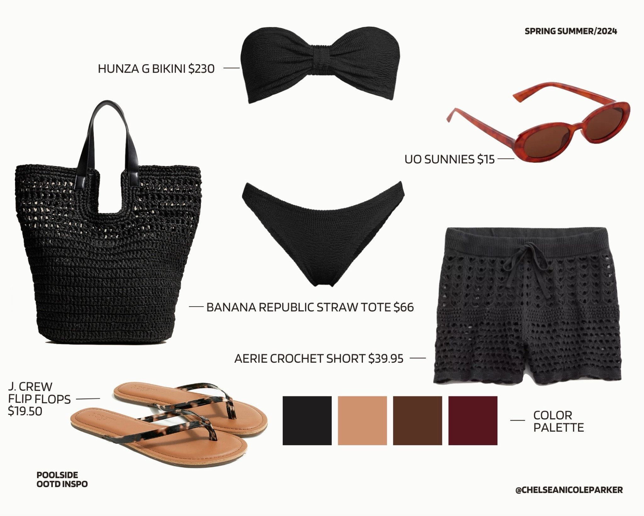 Hunza G Ribbed Crinkle Black Strapless Bikini + American Eagle Aerie Black Crochet Shorts + Urban Outfitters Le Specs Dupe Oval Sunglasses + Banana Republic Black Straw Tote Bag ON SALE + J Crew Tortoise Shell Flip Flops Sandals ON SALE - Vacation Outfit / Swimwear / Swimsuit / Beach / Poolside / Resort Wear / Summer Outfit

#LTKFindsUnder50 #LTKFindsUnder100 #LTKSaleAlert