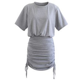 Pad Shoulder Crop Top and Drawstring Skirt Set in Grey | Chicwish