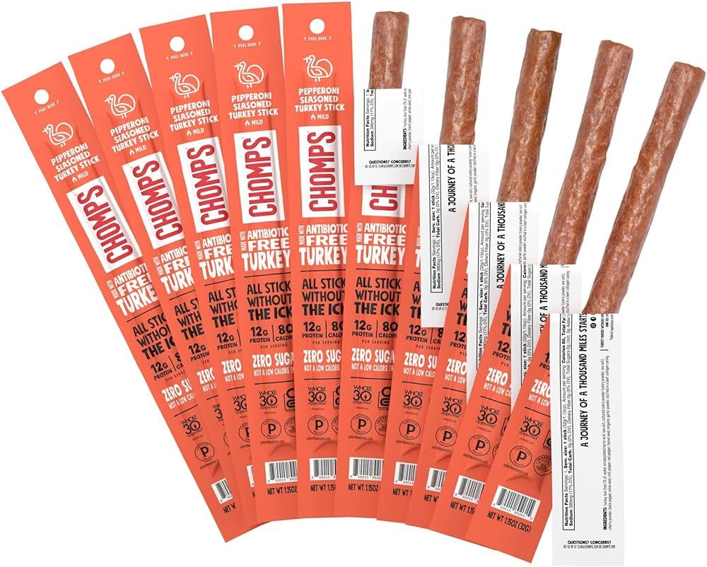 Chomps Pepperoni Turkey Jerky Meat Snack Sticks 10-Pack - Keto, Paleo, Low Carb, Whole30 Approved... | Amazon (US)