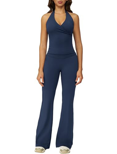 ABOCIW 2 Piece Workout Sets for Women Yoga Pilates Outfits Halter Tank Top with Built in Bra High Waist Flare Leggings Gym Sets Woman Activewear Navy Large | Amazon (US)