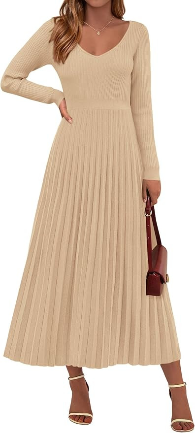 PRETTYGARDEN Women Sweater Dress Fall Fashion 2025 Long Sleeve V Neck Ribbed Knit Pleated A Line ... | Amazon (US)