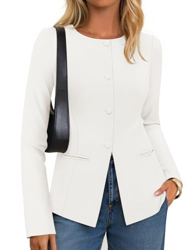 ZESICA Womens Business Casual Blazers Fall Long Sleeve Button Suit Jackets Office Work Outfits Fitted Blazer Clothes 2026,White,X-Large | Amazon (US)