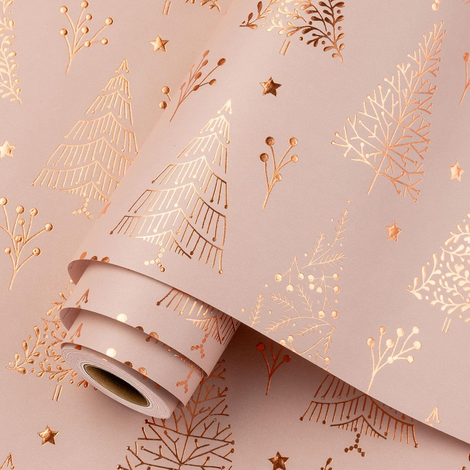 Homeral Christmas Wrapping Paper Roll - 3D Embossed Foil Tree & Star, Rose Gold Pink foil for Christmas & New Year - 17in x 33ft | Amazon (US)