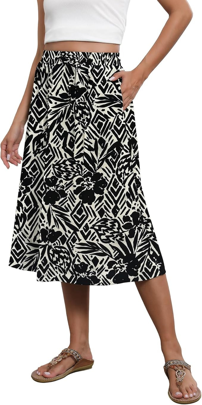 Flowy Skirt Midi Length Elastic High Waist A-Line Skirt with Pockets Bohemia for Women 2024 Trend... | Amazon (US)