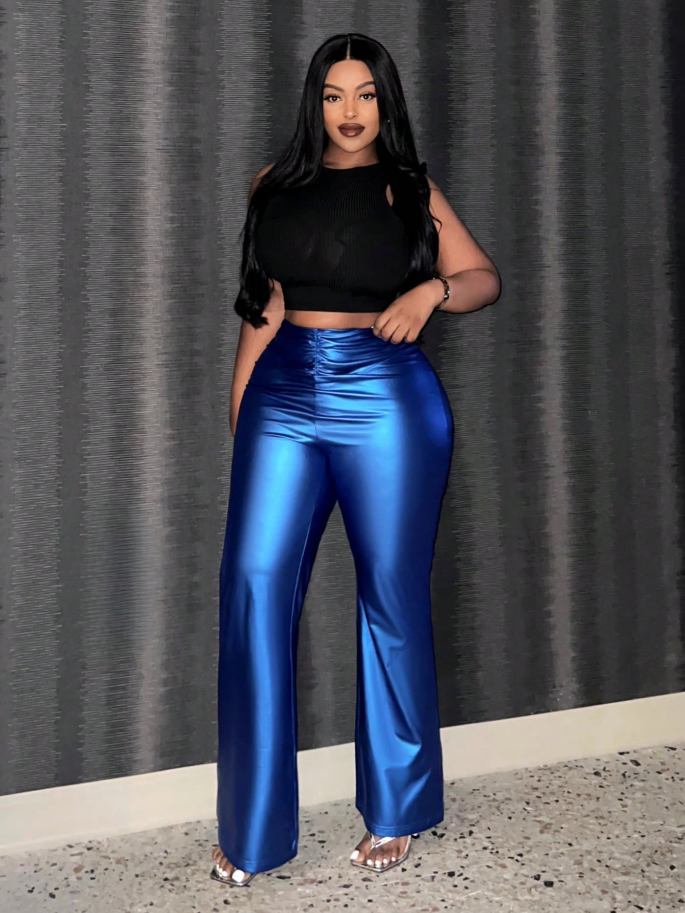 SHEIN Slayr Plus Ruched Front Flare Leg Pants | SHEIN