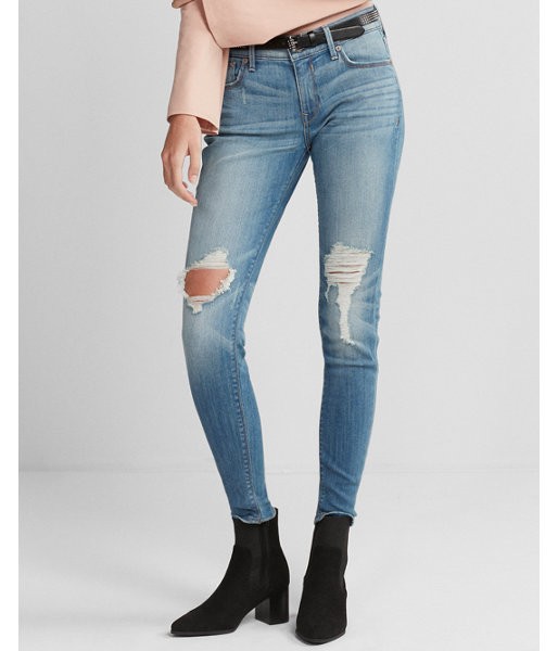 Express Womens Mid Rise Medium Wash Ripped Stretch Jean Leggings | Express