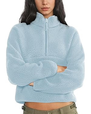 Womens Fleece Sweatshirts Cropped Half Zip Fuzzy Warm Sherpa Pullover Varsity Jackets with Zipper... | Amazon (US)