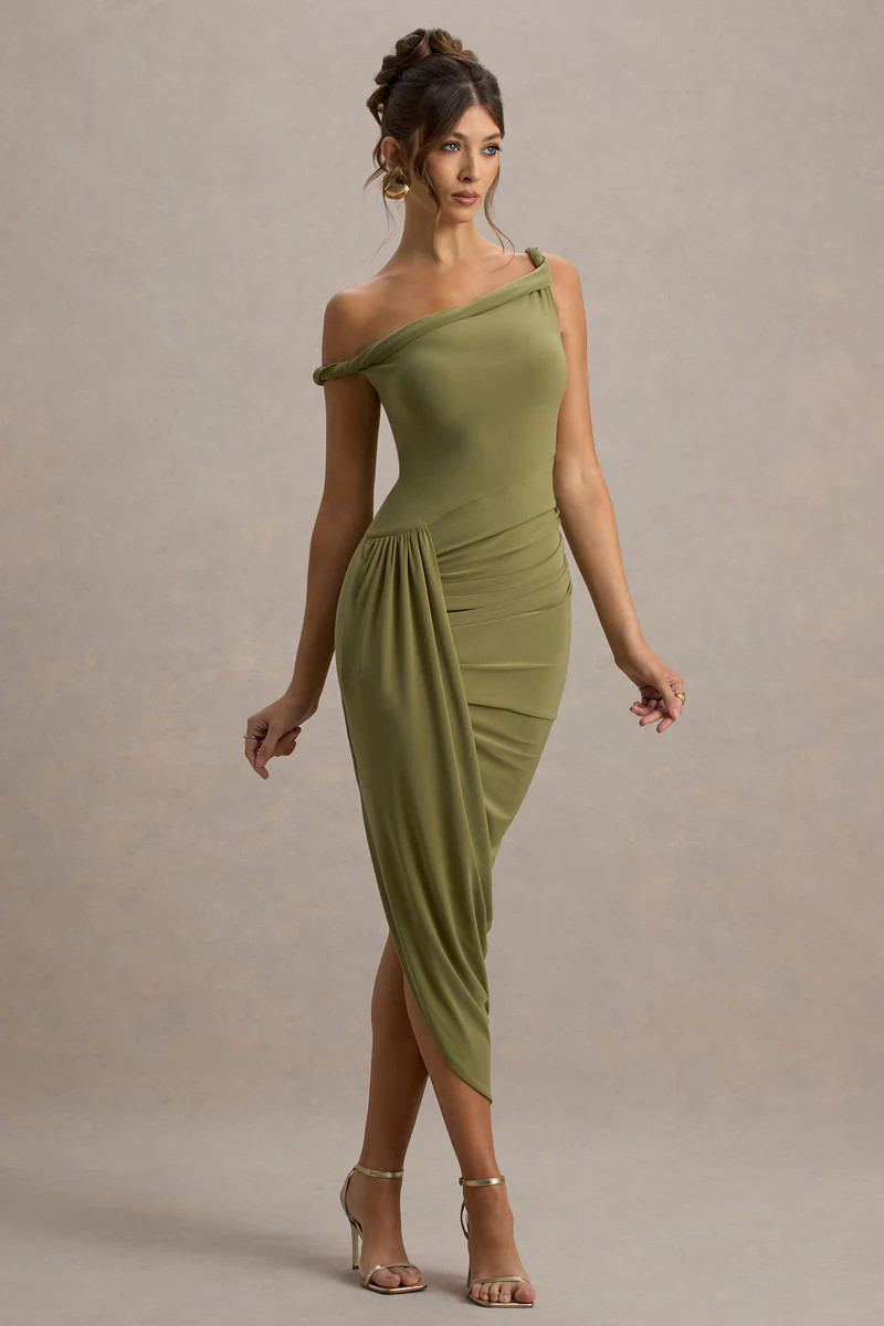 Angelique  Olive Green Twisted Asymmetric Maxi Dress | Club L London