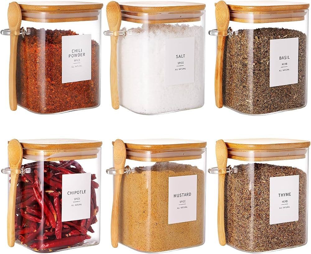 6 Pcs Square Glass Jar with Bamboo Lid and Spoon - 27 oz Large Sugar Container with 148 Kitchen P... | Amazon (US)