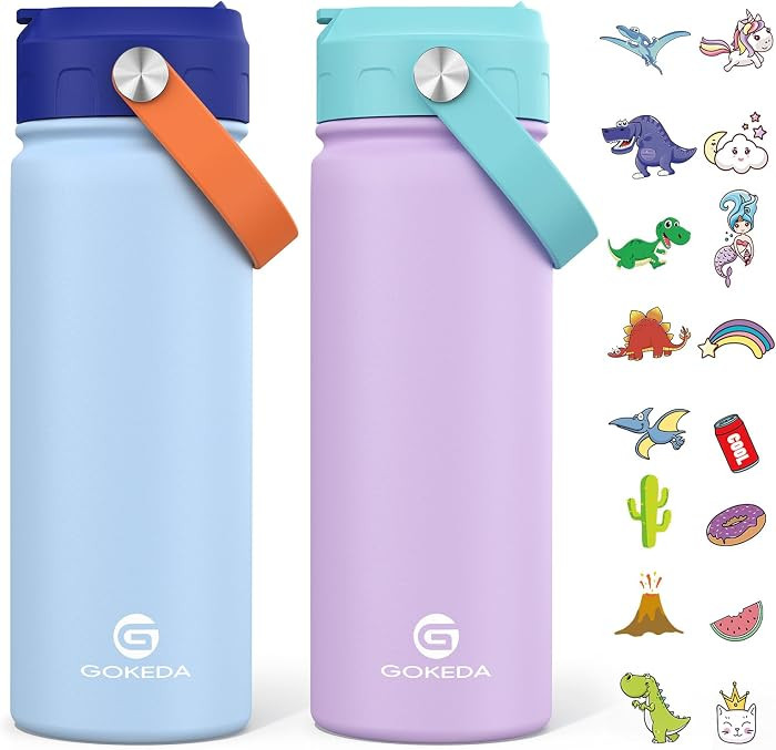 GoKEDA 18oz Kids Water Bottle, 2 Pack Stainless Steel Straw Cup | Amazon (US)