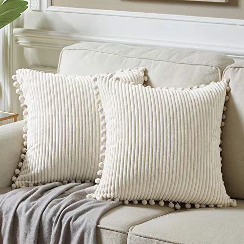 Fancy Homi Pack of 2 Boho Decorative Throw Pillow Covers with Pom-poms, Soft Corduroy Accent Soli... | Walmart (US)