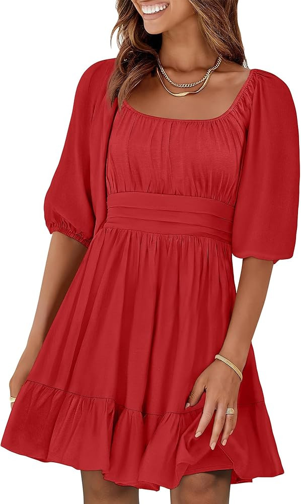 ANRABESS Womens Half Sleeve Mini Dress 2025 Fall Square Neck Casual Flowy Wedding Guest Dresses S... | Amazon (US)