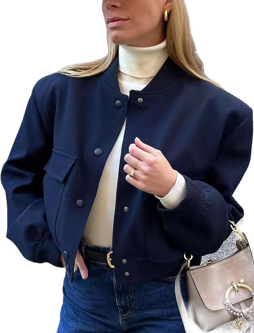 Megfie Womens Cropped Bomber Jacket Button Down Varsity Jackets Shackets With Pockets | Amazon (US)