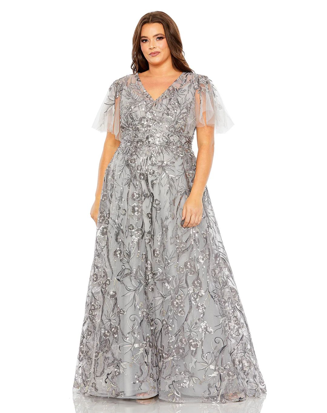 High Neck Flutter Sleeve Embellished A-Line Gown | Mac Duggal