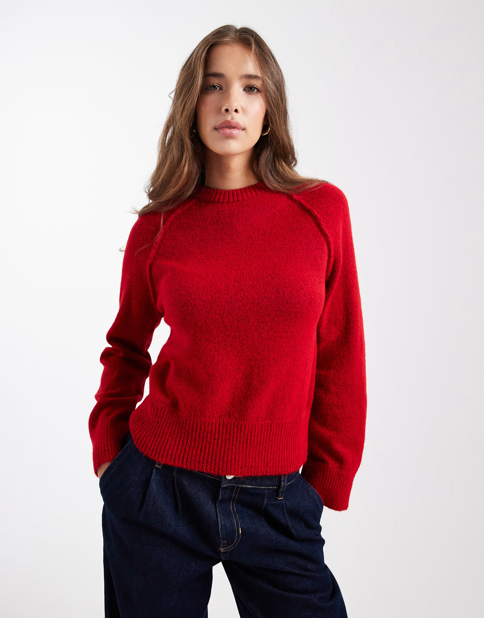 ASOS DESIGN - Gebreide trui met ronde hals en raglanmouwen in rood | ASOS (Global)