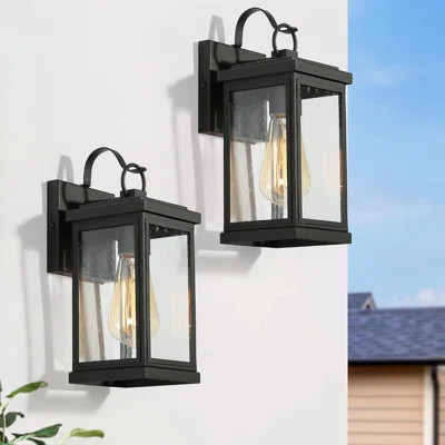 2 Pack Black Outdoor Wall Sconce Lights, Modern Farmhouse Exterior Porch Lighting With Seeded Glass, Waterproof Rectangular Wall Fixtures For House, F | Wayfair North America