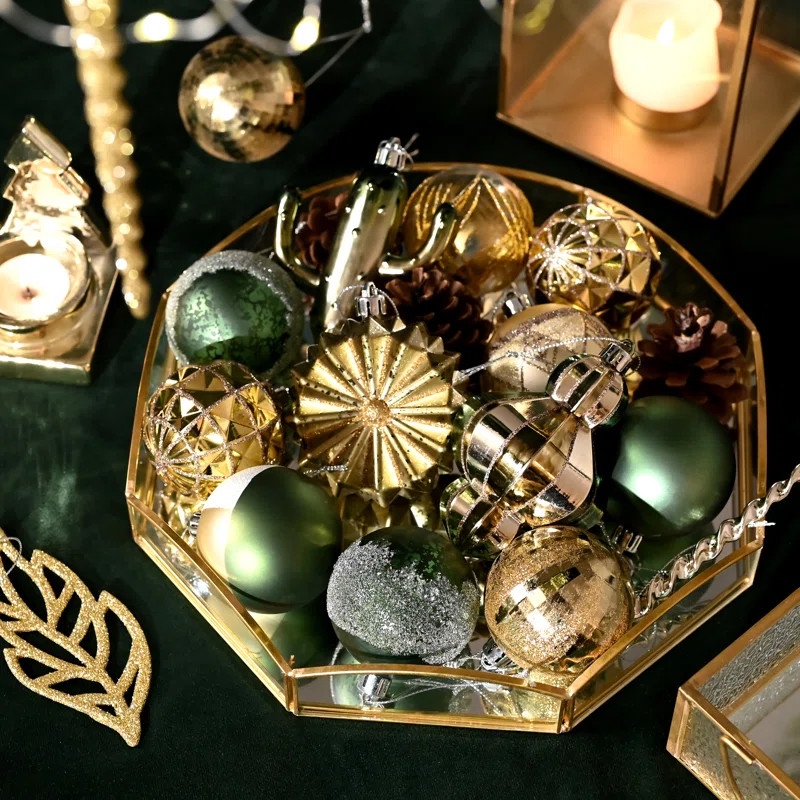 Kadasha 100ct Assorted Shatterproof Gold and Green Christmas Tree Ornaments Set | Wayfair North America