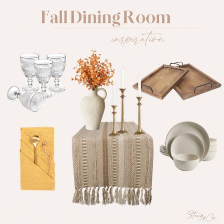 This Fall dining room inspiration includes a natural table runner paired with a pitcher vase with Fall stems, gold candlesticks, wood trays, yellow cloth napkins, beige dinnerware, and vintage inspired glasses. 

Fall decor, thanksgiving table, fall table style

#LTKfindsunder50 #LTKhome #LTKstyletip
