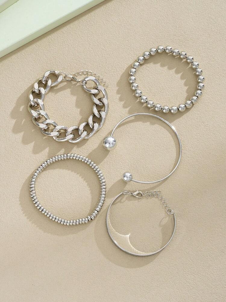 5pcs Geometric Beaded Open Cuff Bracelet Set, Minimalist Metal Circle Chain Exaggerated Wide Bangle, Fashion Layered Elegant Charm Bracelets For Holiday Party Date Daily Wear Gift | SHEIN