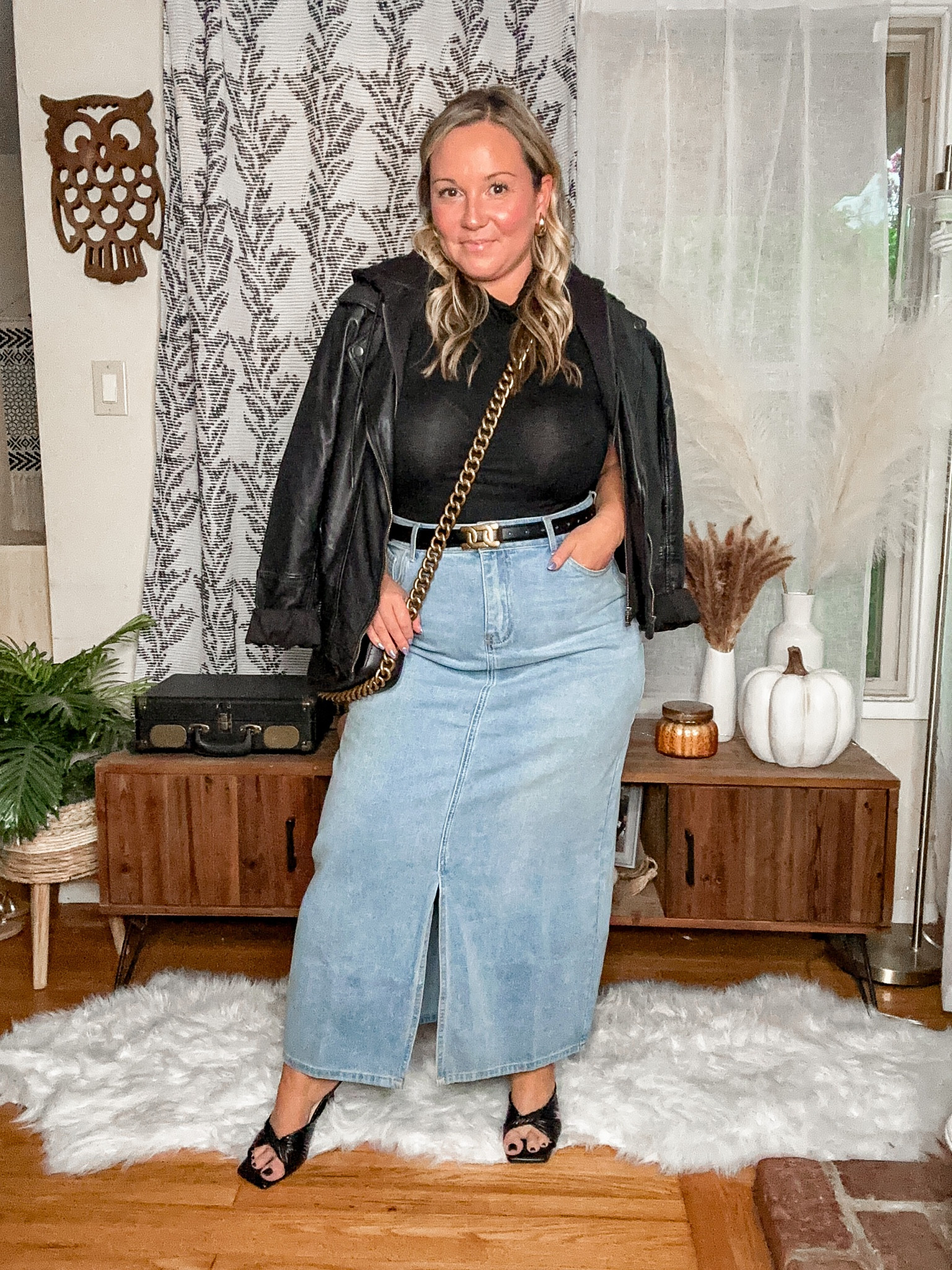 Fall outfit
Denim skirt size 12 use code SHELLI20
Leather jacket size large
Shoes run tts and super comfy!!! 
Bodysuit size XL but could’ve sized down one 


#LTKmidsize #LTKSeasonal #LTKover40