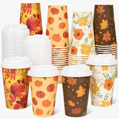 80Pack 12oz Fall Coffee Cups with Lids, Pumpkin Thanksgiving Paper Cups | Amazon (US)